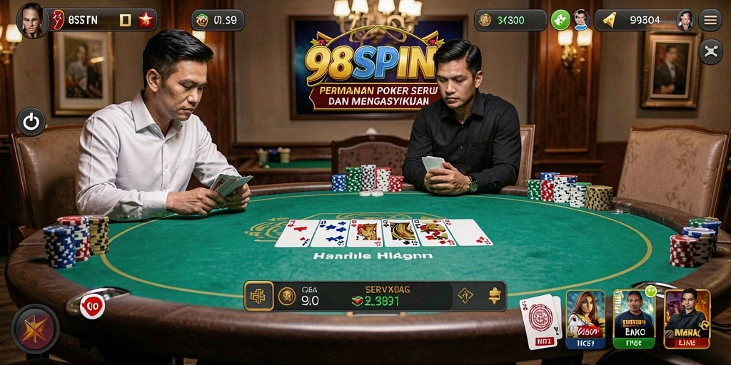 Screenshot gameplay seru 98SPIN menampilkan aksi poker mendebarkan.