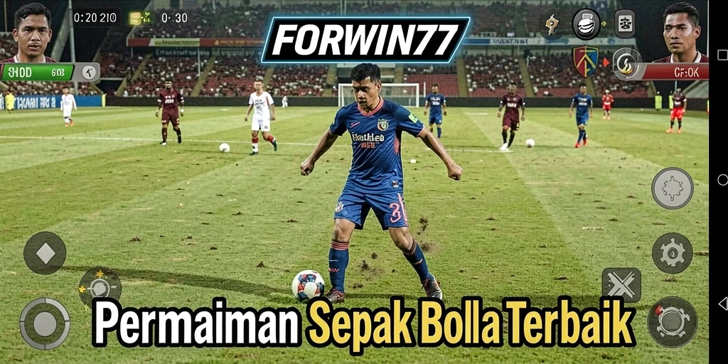 Tangkapan layar utama FORWIN77 menampilkan aksi sepak bola yang intens.