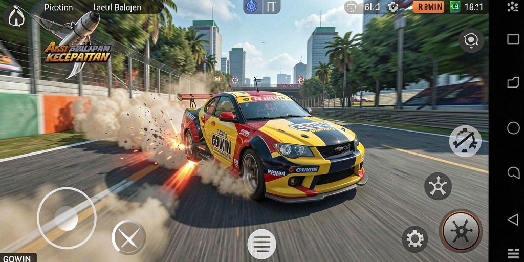 Screenshot gameplay GOWIN menampilkan aksi balapan seru dan cepat.