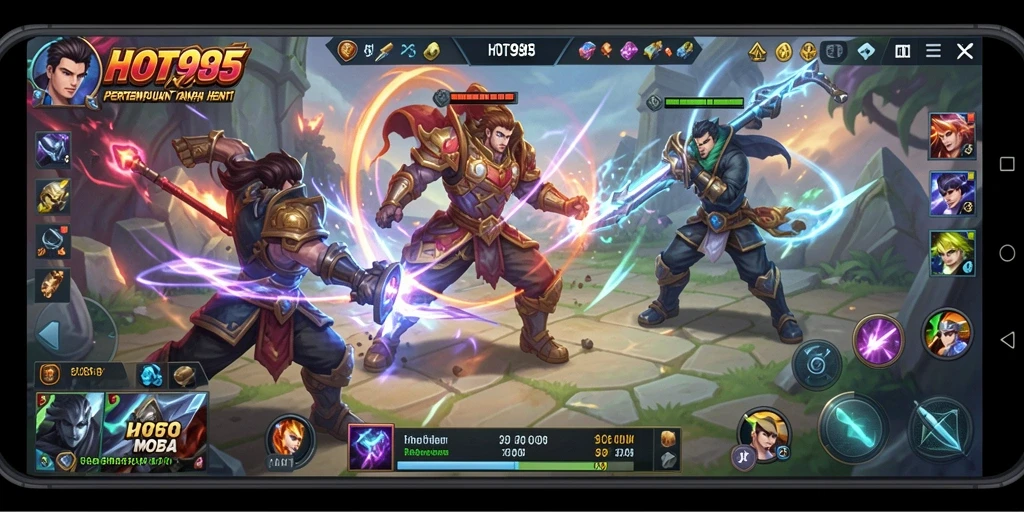 Screenshot utama HOT985 menampilkan aksi pertarungan tim dalam gameplay MOBA.