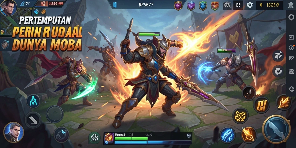 Tampilan gameplay MOBA yang mendebarkan dan penuh aksi.